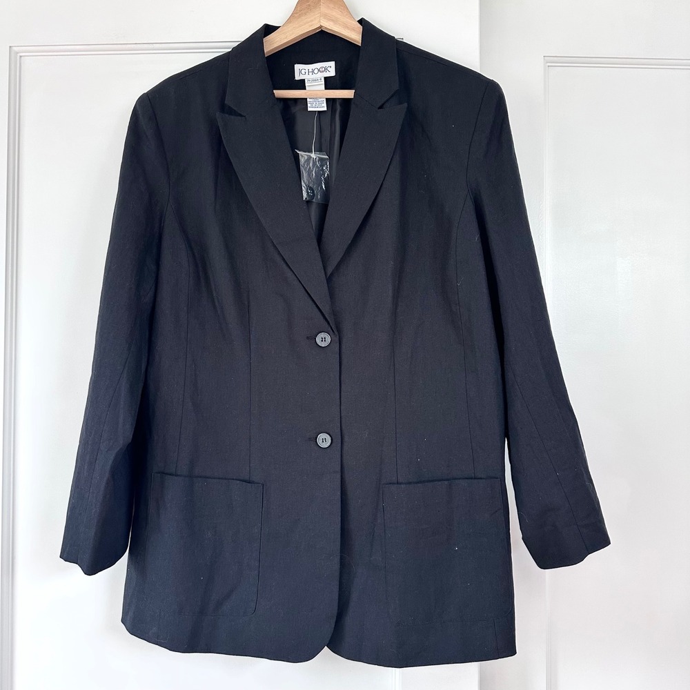JG Hook Black Linen Cotton Blazer Jacket 20W Vintage 90s Large Natural Fibers‎